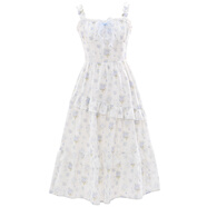 森女部落原創(chuàng  )木耳花邊甜美法式度假中長(cháng)款收腰顯瘦a字裙連衣裙夏 長(cháng)款連衣裙（單件） S