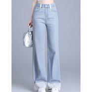 百絲法式蕾絲撞色拼接長(cháng)褲2025夏季新品通勤顯瘦彈力直筒牛仔褲女 牛仔藍 S