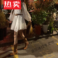 花花公子（PLAYBOY）波西米亞白色襯衫連衣裙女裝春季法式泡泡袖公主裙短裙民族風(fēng)裙子 奶白色配皮代 M