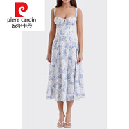皮爾卡丹（pierre cardin）針織2025春季新款歐美女裝氣質(zhì)低胸性感印花綁帶開(kāi)叉吊帶連衣裙 白底藍印花 L