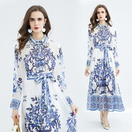 泡普印花拍新款銀絲青花瓷鉆大擺長(cháng)裙領(lǐng)口重工釘珠鑲實(shí) 圖色 S