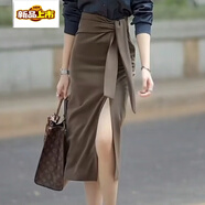 初徑2025新款開(kāi)叉西裝半身裙女春夏一步裙OL高腰綁帶職業(yè)包臀中長(cháng)裙 卡其 L