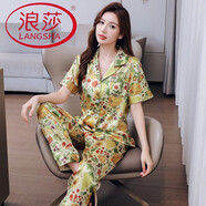 浪莎（LangSha）2025年新款睡衣女夏季仿真絲短袖長(cháng)褲薄款女士可外穿家居服套裝女 SC女款短長(cháng)-五谷豐登 M (80-100斤)