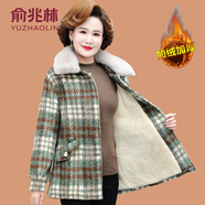 俞兆林（YUZHAOLIN）媽媽冬裝外套加絨加厚棉衣2025新款中老年女時(shí)尚短款格子毛呢大衣 233-綠格 3XL (參考120-135斤)