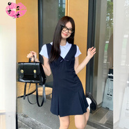 OTST2025年藏藍V領(lǐng)學(xué)院風(fēng)吊帶連衣裙女夏季背心裙韓系收腰無(wú)袖短裙子 藏青色連衣裙 S 80-90斤