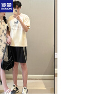 羅蒙（ROMON）中國(guó)風(fēng)情侶裝夏裝2025新款短袖T恤蝴蝶暈染小飛袖連衣裙一裙一衣 男T恤+男褲 M