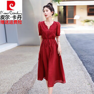 皮爾卡丹高檔桑蠶絲小個子真絲連衣裙女夏季2025年新款杭州高端桑 紅色 M
