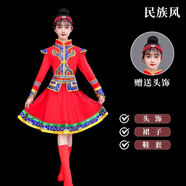 豪牧雷蒙古族服裝兒童蒙族舞蹈演出服裝男女童少數民族風(fēng)幼兒草原蒙古裙 紅色高絲寶 珍珠頭飾款 （贈全套 190 cm