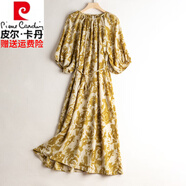 皮爾卡丹高檔連衣裙女2025夏季新款休閑五分袖過(guò)膝垂感系帶收腰雪紡裙子女 黃玫瑰復(fù)古圖案連衣裙 M 90-102斤
