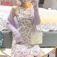FSHE2025新款小個子法式雪紡短裙紫色碎花吊帶連衣裙開衫兩件套裝女夏 碎花裙 L