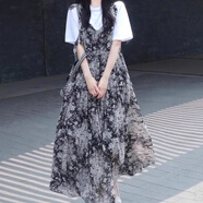 伊離姿夏季套裝裙女法式復古無(wú)袖印花吊帶連衣裙搭配短袖白色T恤兩件套 吊帶裙+T恤 S