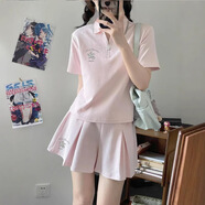 Baldauren12大童女裝夏新款套裝裙15歲初高中學(xué)生17少女休閑運動(dòng)短袖jk短裙 櫻花粉（POLO衫+褲裙）【套裝】 薄款 160 (M)建議體重85-100斤