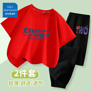 迷你真維斯 MINI JEANSWEST迷你真維斯男童套裝2025新款純棉短袖T恤上衣防蚊褲兒童夏裝褲子 【純棉套裝】紅色傾斜字母 165