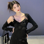 玉極虞法式粉色v領(lǐng)開(kāi)叉碎花雪紡吊帶連衣裙女夏不規則無(wú)袖背心裙子長(cháng)裙 黑色+披肩(顯瘦高級烈軒旗艦店) S (85-98)