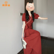派吉鯊法式紅色v領(lǐng)泡泡袖連衣裙子女2025年夏季新款收腰顯瘦a字氣質(zhì)長裙 紅色復古套裝裙(上衣+半身裙) XL 【建議115-125斤】