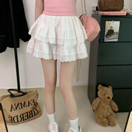 夢(mèng)史怡半身裙女夏季JK原宿風(fēng)學(xué)生高腰蕾絲荷葉邊仙女蛋糕百褶短裙 白色 S