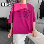 JEEP SPIRIT吉普青少年短袖恤男夏季胖子大碼寬松純棉半袖港風(fēng)圓領(lǐng)體恤 玫紅色 S 90至100斤可穿