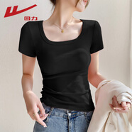 回力（Warrior）修身款方領(lǐng)短袖t恤女2025年夏季百搭休閑氣質(zhì)款上衣時(shí)尚簡(jiǎn)約女裝