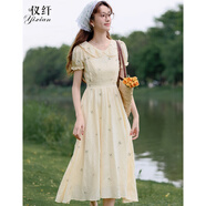 儀纖法式復古娃娃領(lǐng)碎花少女短袖連衣裙2025夏季新款小個(gè)子茶歇裙8233 黃色 M