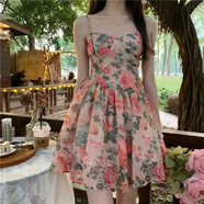 S.SOFEA廣州十三行高腰顯瘦碎花吊帶裙氣質(zhì)仙女春夏法式連衣裙 粉紅色 S