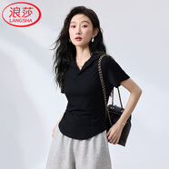 浪莎短袖t恤女夏款純欲風(fēng)簡(jiǎn)約純色百搭polo衫修身顯瘦弧形下擺上衣