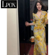 LPOX新款復(fù)古法式優(yōu)雅七分袖v領(lǐng)印花連衣裙女人味度假風(fēng)魚尾包臀長(zhǎng)裙 碎花黃色 XL