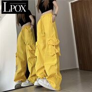 LPOX休閑褲女新款工裝褲女夏季高腰直筒闊腿辣妹寬松休閑款女士休閑褲 黃色 (高級(jí)面料) XL 建議118-130斤左右