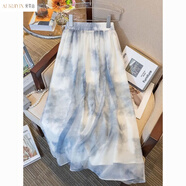 愛葵茵夏季碎花雪紡百褶高腰半身裙子女夏季2025新款小個子a字半裙長裙 藍(lán)色 S 建議60-85斤