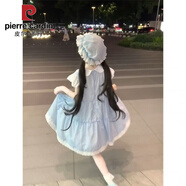 皮爾卡丹（pierre cardin）日系卡哇伊時(shí)尚娃娃領(lǐng)刺繡小貓短款春秋短裙飛飛袖格紋a字連衣裙 藍色 M 【關(guān)注店鋪送小禮物】