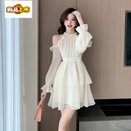 初徑2025新款法式重工珍珠露肩掛脖連衣裙女夏季甜美溫柔風(fēng)小個(gè)子短裙 杏色短裙 M