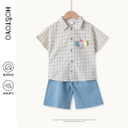 皇室童緣兒童套裝夏季新款男童夏裝中大童格子小象休閑兩件套 白色 110