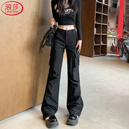 浪莎微喇工裝褲女春秋2025新款高腰顯瘦美式運(yùn)動(dòng)褲子降落傘休閑喇叭褲