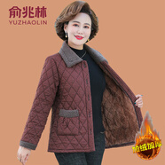 俞兆林（YUZHAOLIN）媽媽冬裝棉麻格子小棉襖奶奶裝短款花棉衣中老年女裝加絨加厚棉服 2206 咖色格 XL 90-105斤