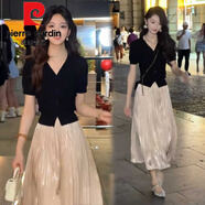 皮爾卡丹（pierre cardin）流光針織紗夏季兩件套褲裙顯瘦時(shí)尚2025冰絲氣質(zhì)女潮開(kāi)衫套裝短袖 黑色上衣+香檳色褲裙【套裝】 L 【建議 105-115斤】