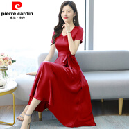 皮爾卡丹2026夏季新款高端氣質(zhì)緞面真·絲連衣裙修身顯瘦V領(lǐng)大擺長(cháng)裙 酒紅色 2XL