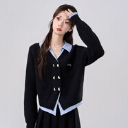 S.SOFEA茉語(yǔ)假兩件拼接針織衫寬松刺繡短款毛衣外套女 黑色 M