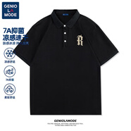 GENIOLAMODE襯衫男士polo衫短袖男寬松大碼7A級(jí)抗菌休閑美式夏季男裝 黑色(復(fù)古字體胸標(biāo)) 2XL (建議160-180斤)
