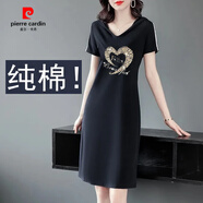 皮爾卡丹（pierre cardin）純棉大碼裙子胖mm短袖連帽連衣裙夏季女中長款休閑運(yùn)動T恤裙 黑色【愛心】 2XL