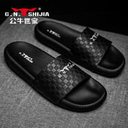 公牛世家（G.N.Shi Jia）拖鞋男夏季外穿真皮椰子踩屎感一字涼拖男士潮牌休閑涼鞋 黑色 38