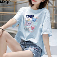 MXQP純棉短袖T恤女2025夏季寬松卡通慵懶風(fēng)顯瘦印花打底衫上衣服女裝 淺藍【SEZ怪獸-前大花】 L 【110-130斤】