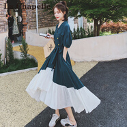 拉夏貝爾（La Chapelle）短袖連衣裙女裝2025年夏季新款時尚中長款法式小個子夏天裙子雪紡 新墨綠色 L
