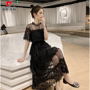 皮爾卡丹（pierre cardin）夏季2025新款網(wǎng)紗拼接收腰中長(cháng)款蕾絲短袖連衣裙chic仙裙 黑色【面料】 S