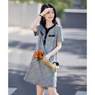尚靜連衣裙女夏季新款女裝小香風撞色拼接寬松休閑通勤直筒短袖裙子女