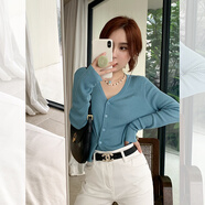 YUMOMO3.26天絲甘草系列兩穿V領(lǐng)扣子打底針織衫長(cháng)袖開(kāi)衫女 空氣藍V領(lǐng)打底衫 S