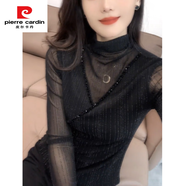 皮爾卡丹2025春季新款半高領(lǐng)網(wǎng)紗長袖T恤女歐洲站釘珠修身打底衫亮絲上衣 黑色 L 100-110斤