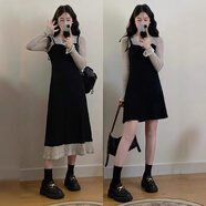 姿偉祺假兩件長袖連衣裙大碼韓系顯瘦氣質(zhì)修身長裙子 長裙 L