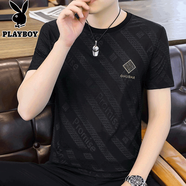 花花公子（PLAYBOY）冰絲短袖t恤男士高端燙鉆速干百搭半袖透氣圓領(lǐng)上衣服薄款體恤男 10877/DX-043黑色 4XL