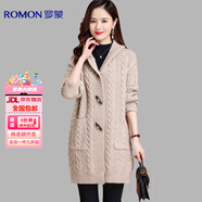 羅蒙（ROMON）高檔純羊毛女連帽中長款針織開衫女秋冬新款毛衣外套外搭軟糯減齡 米杏 M