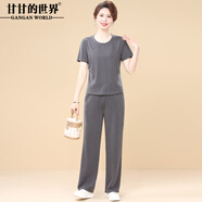 甘甘的世界2025夏季新款時(shí)尚中年女士?jī)杉锥绦銽恤上衣直筒長(zhǎng)褲套裝 深灰 3XL （適合135-145斤）