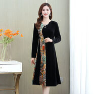 啄木鳥(niǎo)金絲絨連衣裙女中長(cháng)款大碼氣質(zhì)假兩件媽媽裝洋氣拼色印花長(cháng)袖絨裙 黑色 XL 【建議90-110斤】